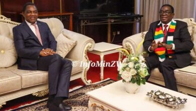 Zambian president Hakainde Hichilema (left) with his Zimbabwean host president Emmerson Mnangagwa at the Zimbabwe State House, Harare