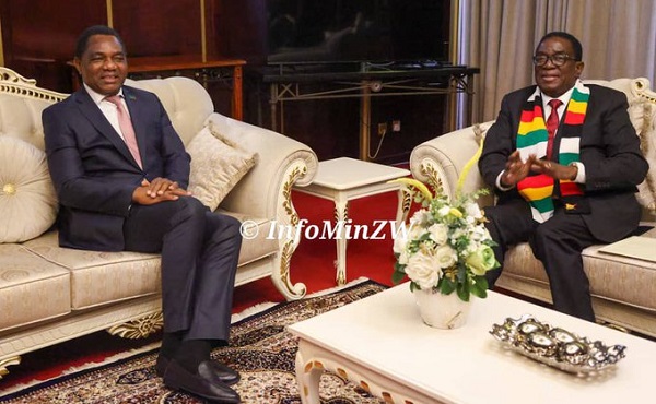 Zambian president Hakainde Hichilema (left) with his Zimbabwean host president Emmerson Mnangagwa at the Zimbabwe State House, Harare
