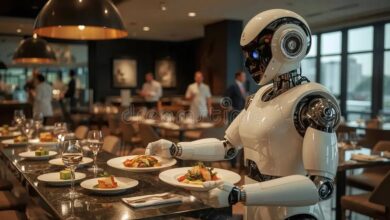 Robot waiter dishes food