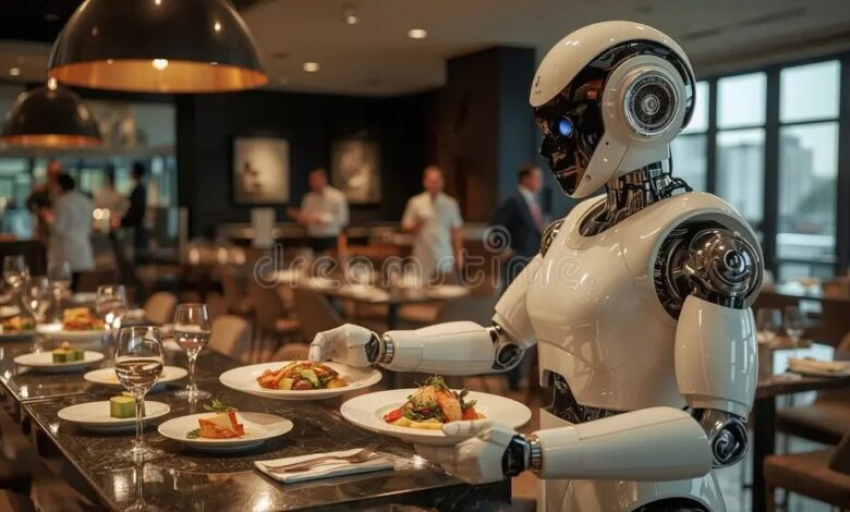 Robot waiter dishes food